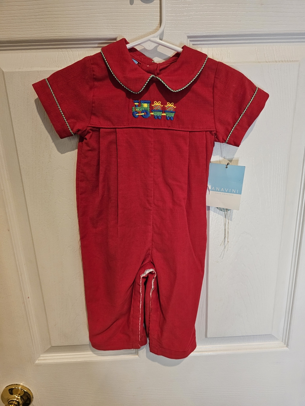 Kids Holiday Red One Piece Romper With ChooChoo Train Embroidery.